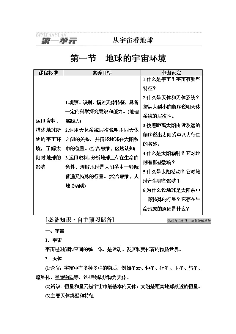 鲁教版高中地理必修第一册第1单元第1节地球的宇宙环境课件+学案+练习含答案01