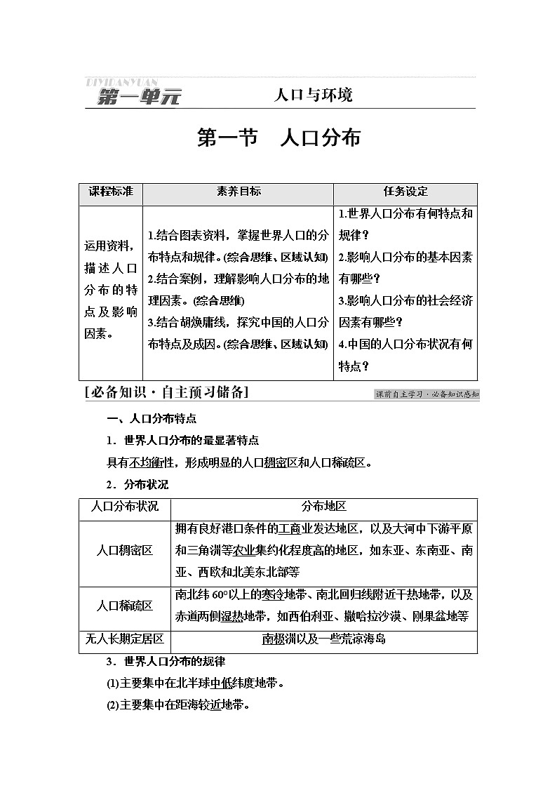 鲁教版高中地理必修第二册第1单元第1节人口分布课件+学案+练习含答案01
