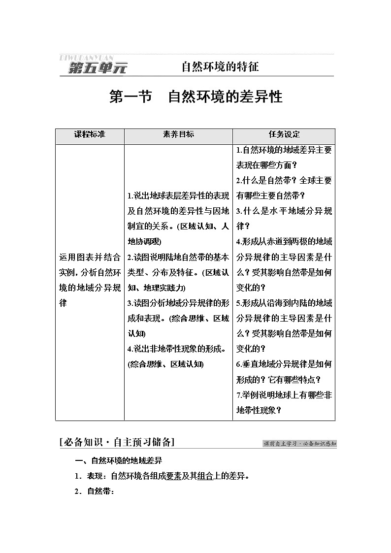 鲁教版高中地理选择性必修1第5单元第1节自然环境的差异性学案第1页