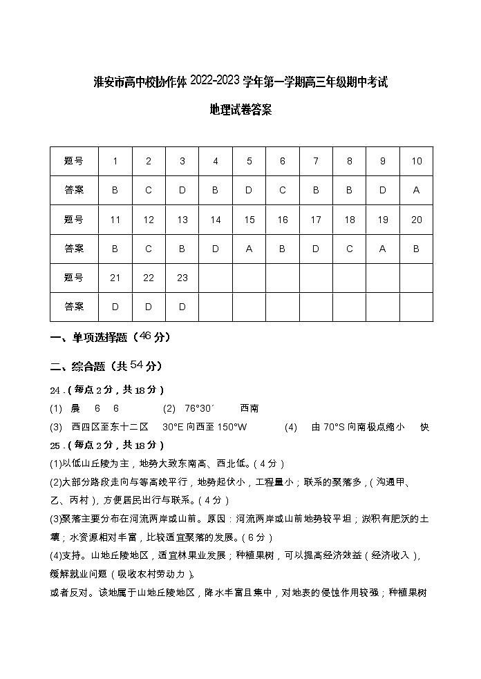 2023淮安高中校协作体高三上学期期中地理试题含答案题卡01