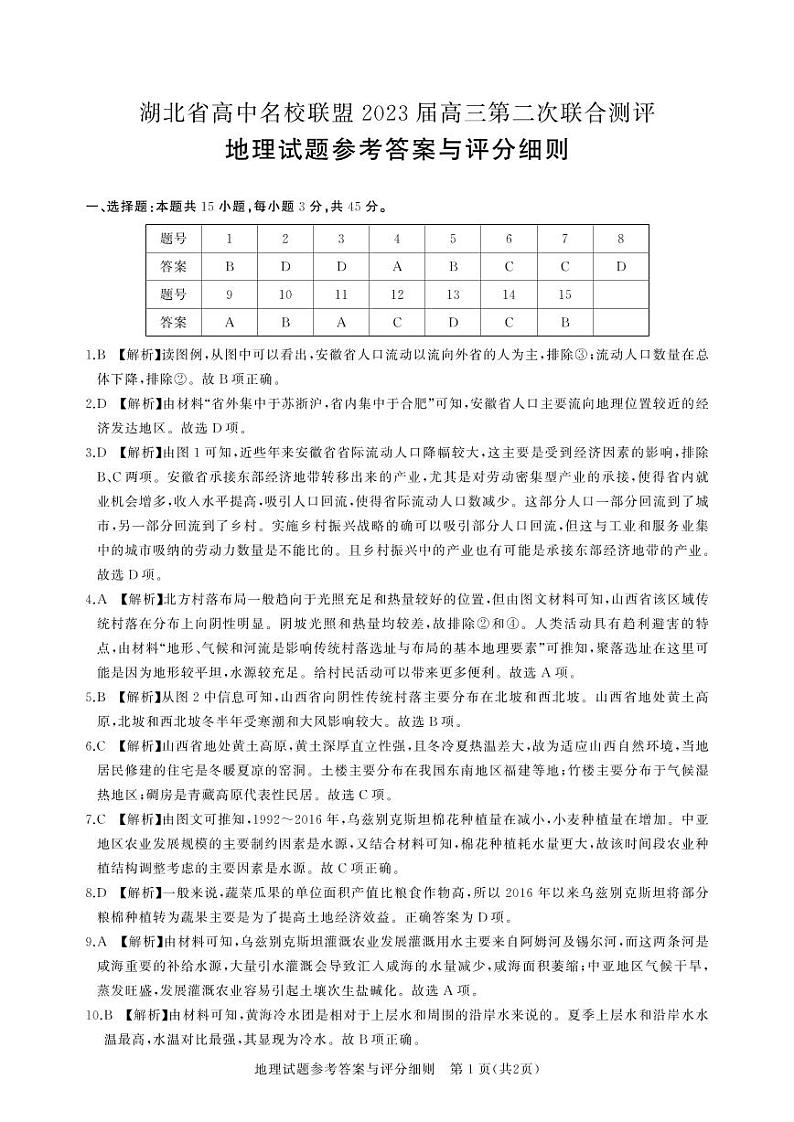2023湖北省高中名校联盟高三第二次联合测评地理试卷扫描版含答案01