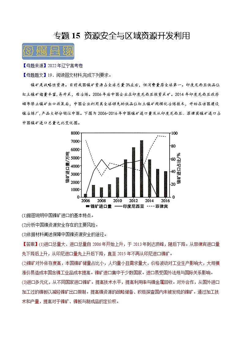 【高考真题解密】高考地理真题题源——专题15《资源安全与区域资源开发利用》母题解密（全国通用）01
