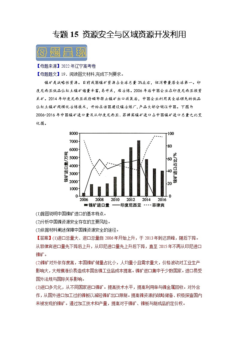 【高考真题解密】高考地理真题题源——专题15《资源安全与区域资源开发利用》母题解密（全国通用）01