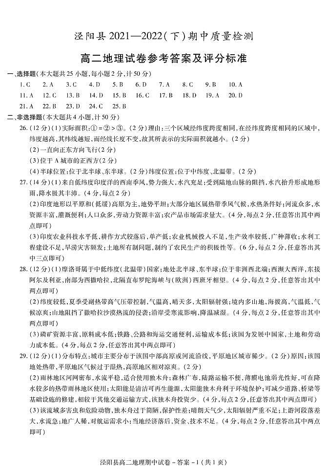 2021-2022学年陕西省咸阳市泾阳县高二下学期期中质量检测地理试题PDF版含答案01