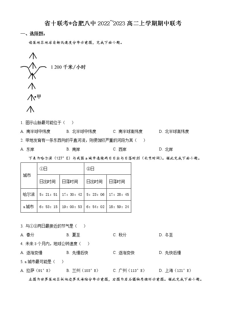 2023省十联考（合肥八中等）高二上学期期中考试地理含答案第1页