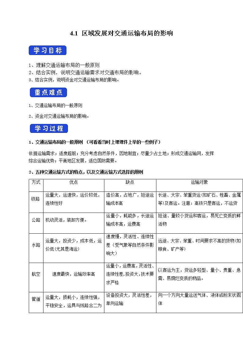 4.1 区域发展对交通运输布局的影响（导学案）-【居易课堂】2021-2022学年高一地理下学期同步备课教案+课件+练习（人教版2019必修第二册）01