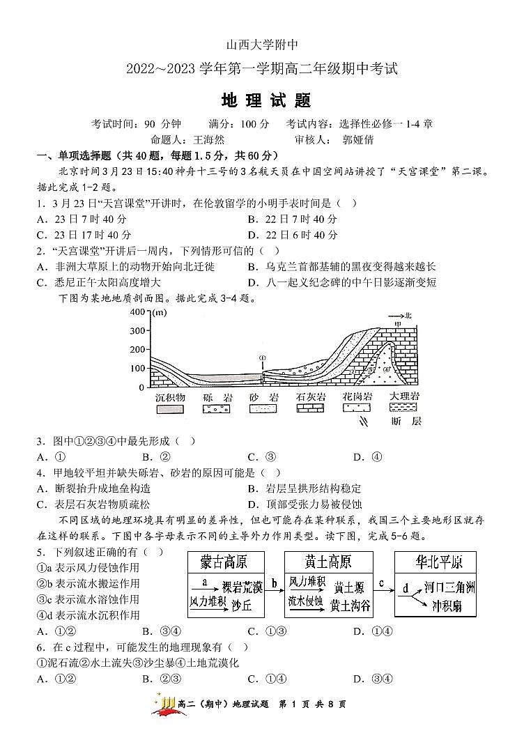 2023山西大学附中高二上学期11月期中考试地理PDF版无答案（可编辑）第1页