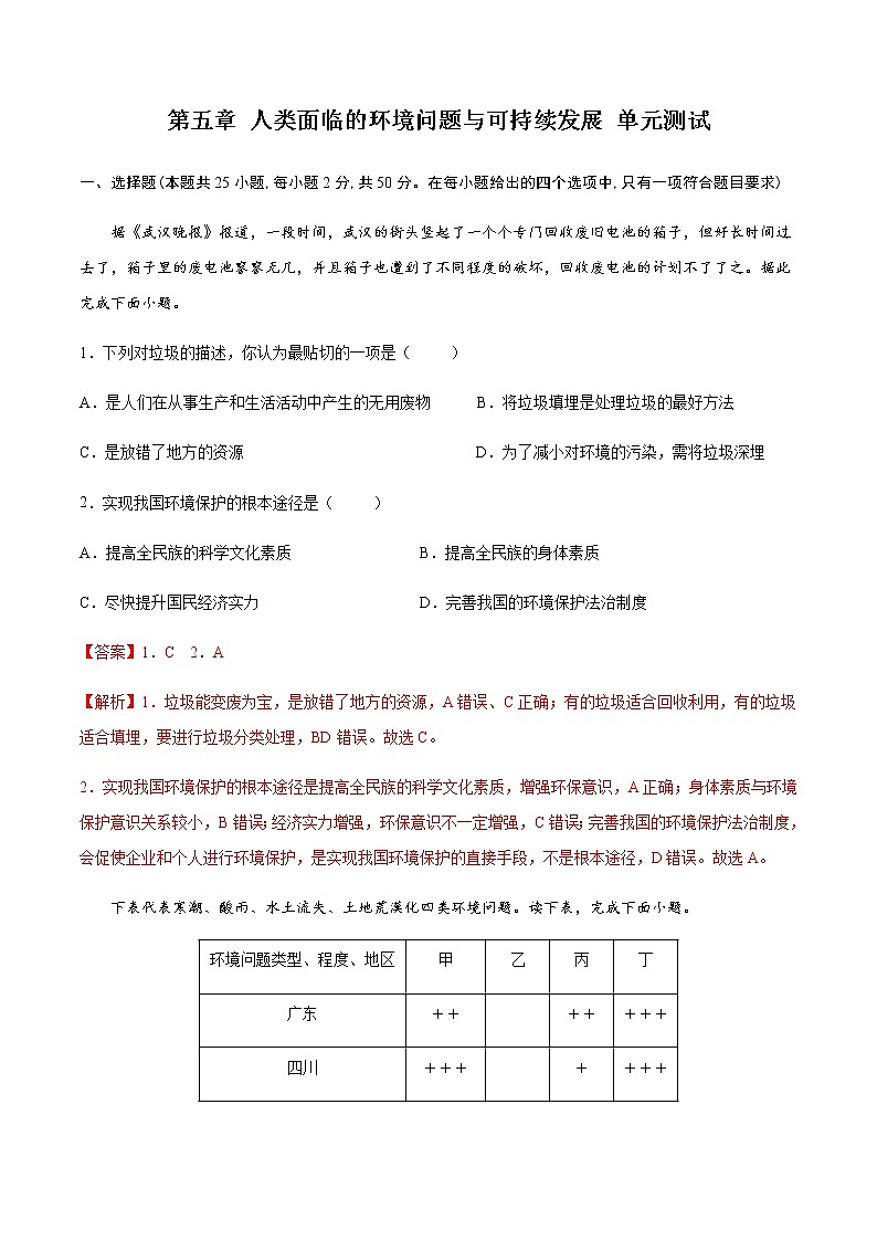 第五章 人类面临的环境问题与可持续发展（单元测试）-高一地理同步备课系列（中图版2019必修第二册）第1页