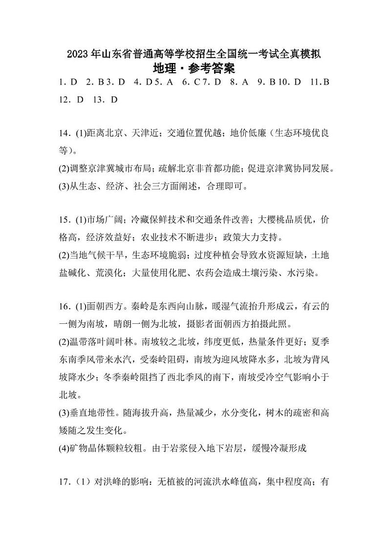 2023届山东省普通高等学校招生全国统一考试全真模拟 地理试题01