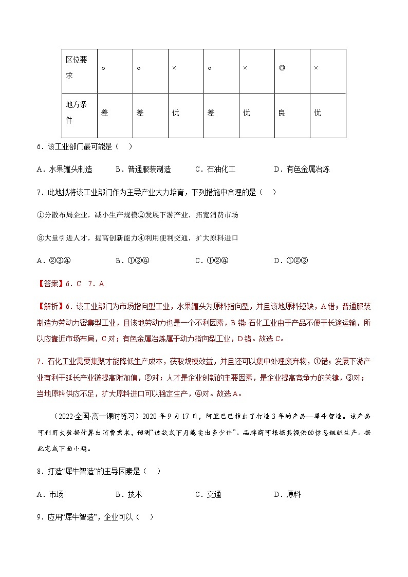 3.2.2 工业区位因素与工业布局（课时作业）-高一地理同步备课系列（湘教版2019必修第二册）03