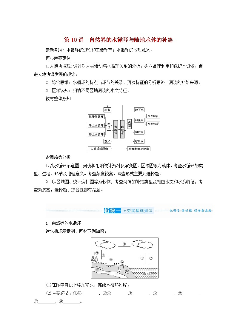 统考版2022届高考地理一轮复习第10讲自然界的水循环与陆地水体的补给学案第1页