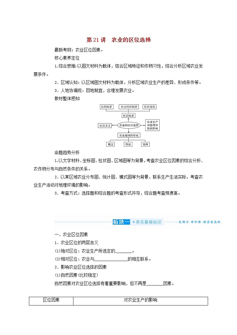 统考版2022届高考地理一轮复习第21讲农业的区位选择学案第1页