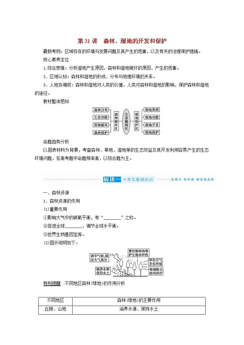 统考版2022届高考地理一轮复习第31讲森林湿地的开发和保护学案第1页