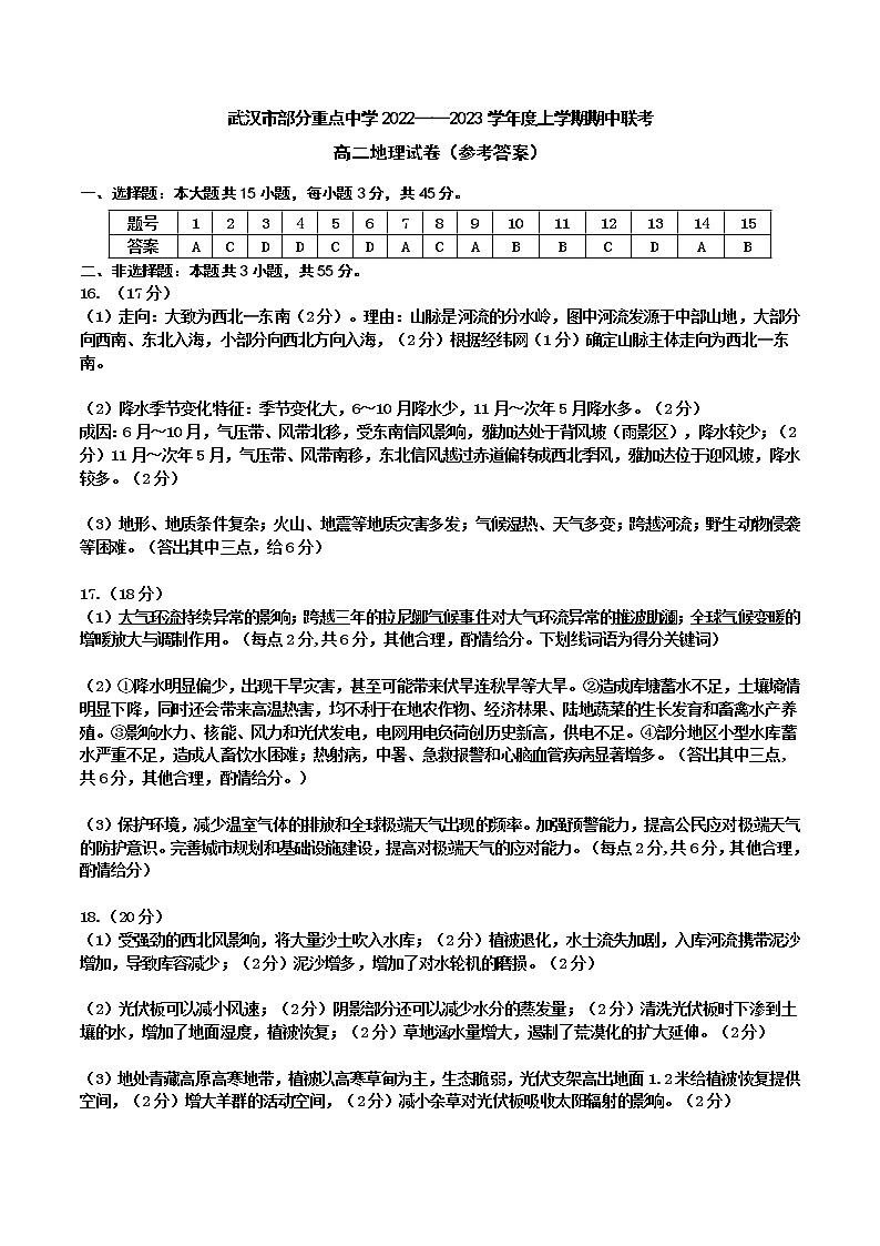 2023武汉部分重点中学高二上学期期中联考试题地理含答案01