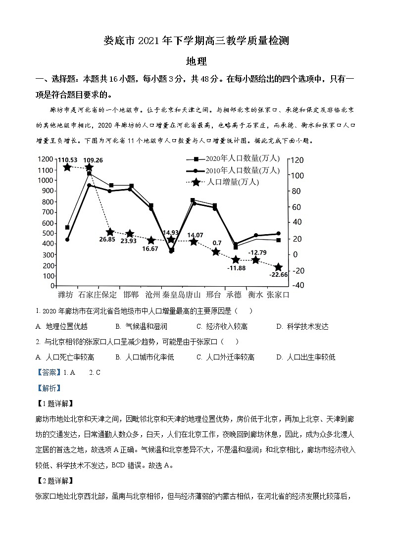 湖南省娄底市2021-2022学年高三上学期期末地理试题含解析第1页