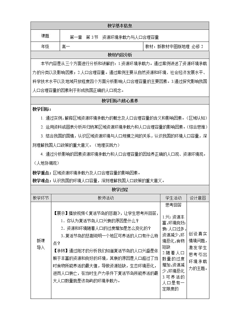 1.3 资源环境承载力与人口合理容量-教案（新教材中图版必修2）01