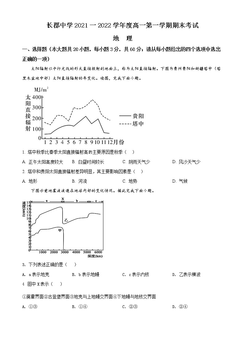 2022湖南省长郡中学高一上学期期末考试地理含解析01