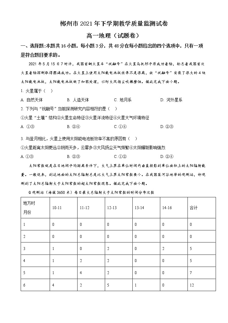 2022郴州高一上学期期末试题地理含解析01