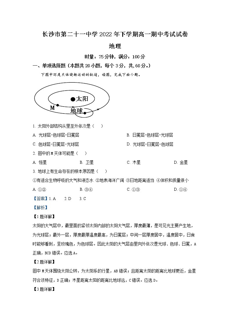 湖南省长沙市第二十一中学2022-2023学年高一地理上学期期中试题（Word版附解析）第1页