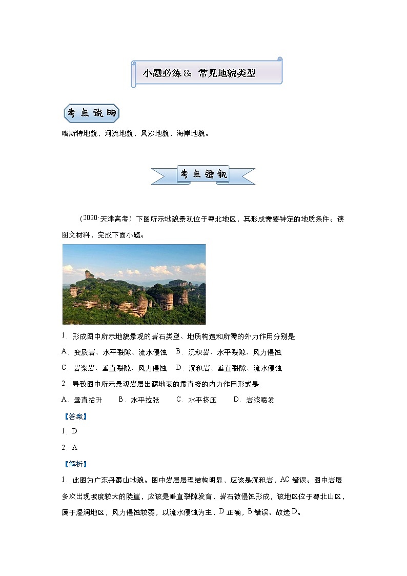 新高中地理高考 （新高考）2021届小题必练8 常见地貌类型 教师版01