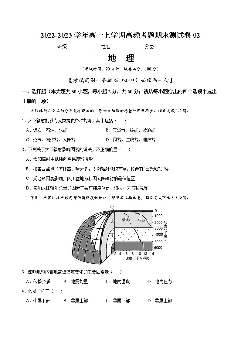 【期末模拟试卷】鲁教版(2019)地理必修第一册——期末备考测试卷02（原卷版）第1页