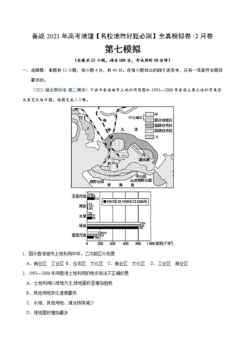新高中地理高考卷7-备战2021年高考地理【名校地市好题必刷】全真模拟卷（新课标）·2月卷（原卷版）01