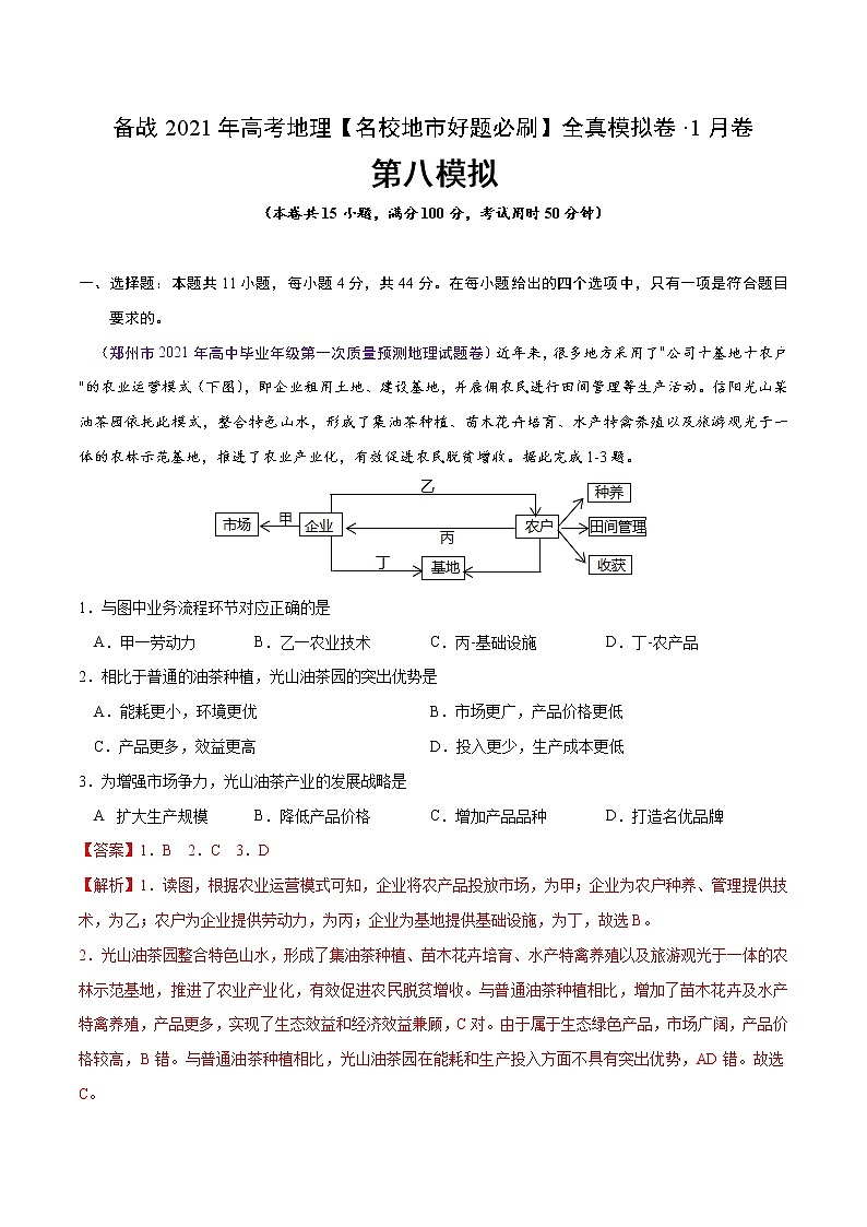 新高中地理高考卷8-备战2021年高考地理【名校地市好题必刷】全真模拟卷·1月卷（解析版）01