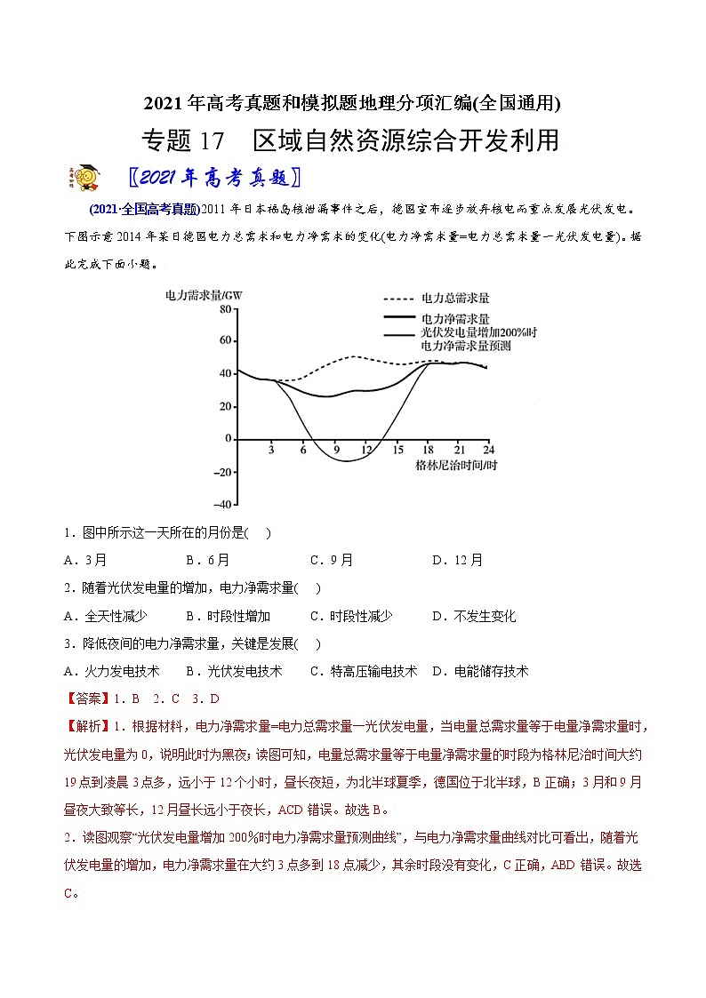 新高中地理高考专题17区域自然资源综合开发利用-2021年高考地理真题与模拟题分类训练（教师版含解析）第1页