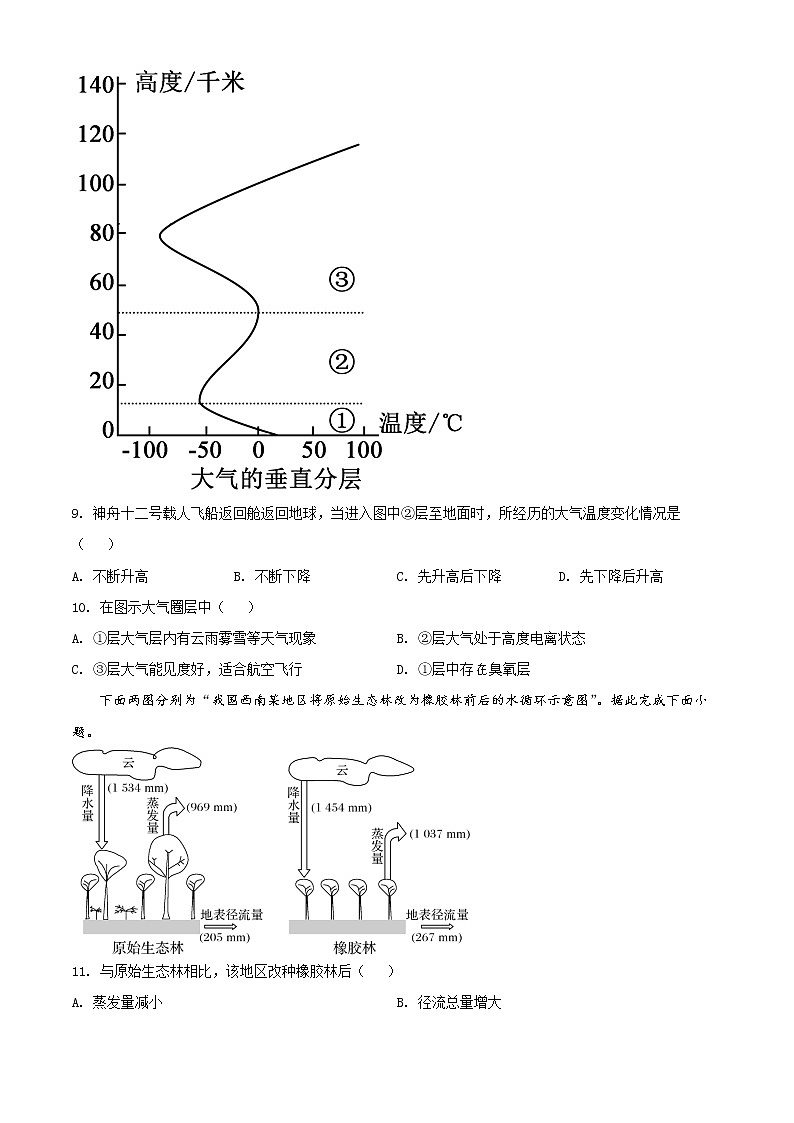 安徽省蚌埠市2021-2022学年高一上学期期末地理试题无答案第3页
