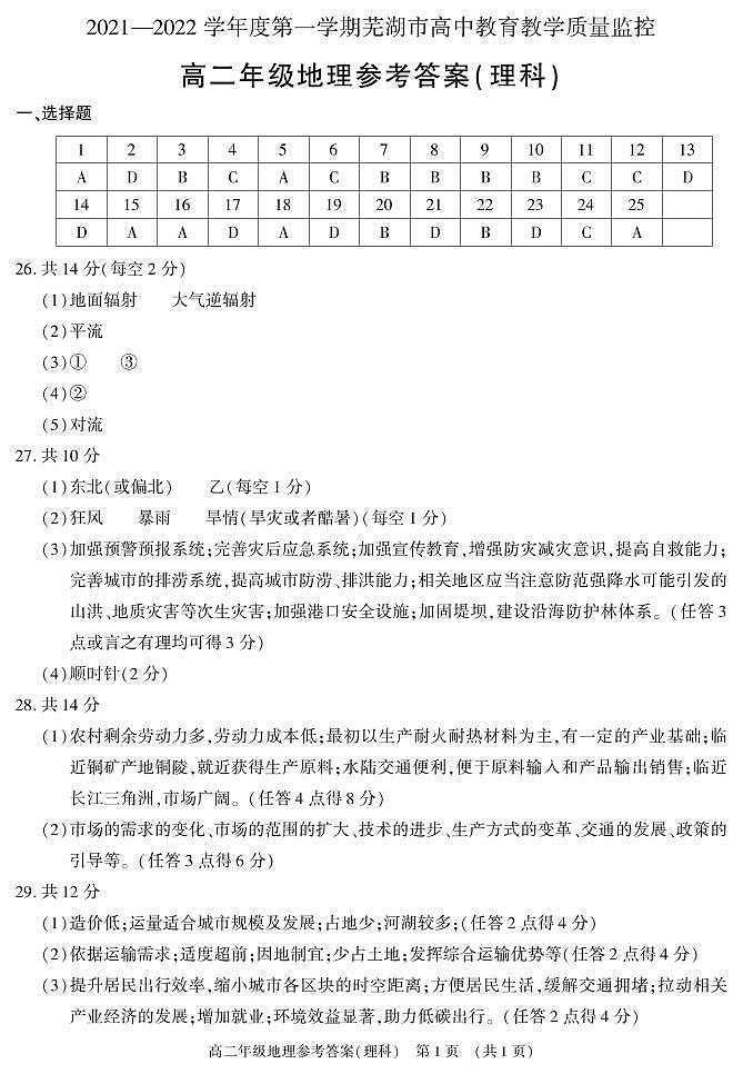 2022芜湖高二上学期期末试题地理（理）含答案01