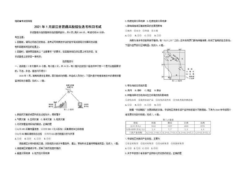 2021年浙江省高考地理【1月】（含解析版） 试卷01