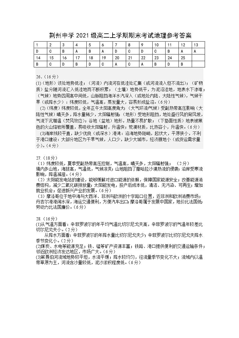 2023荆州中学高二上学期期末考试地理试题含答案01