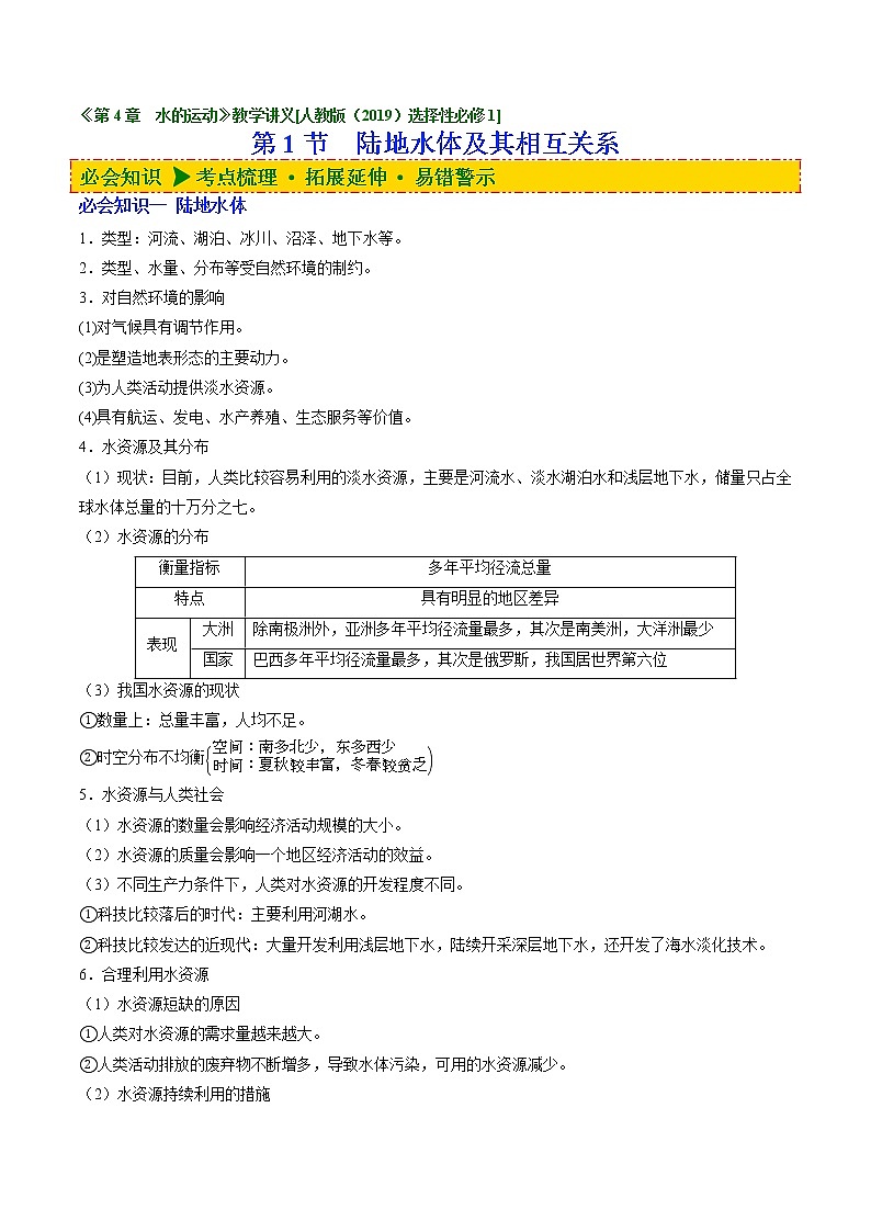 4.1 陆地水体及其相互关系（讲义）-【讲义+分层练】高二地理上学期同步备课优质资源（人教版2019选择性必修1）01