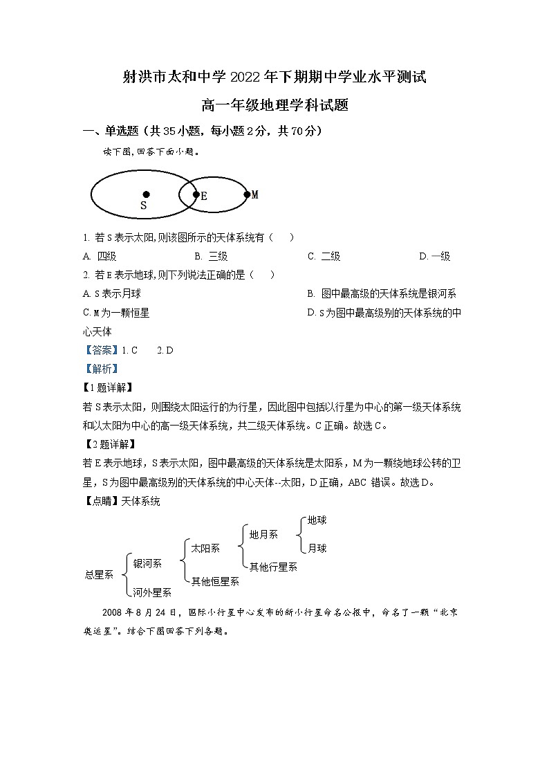 四川省遂宁市射洪市太和中学2022-2023学年高一地理上学期期中试题（Word版附解析）01