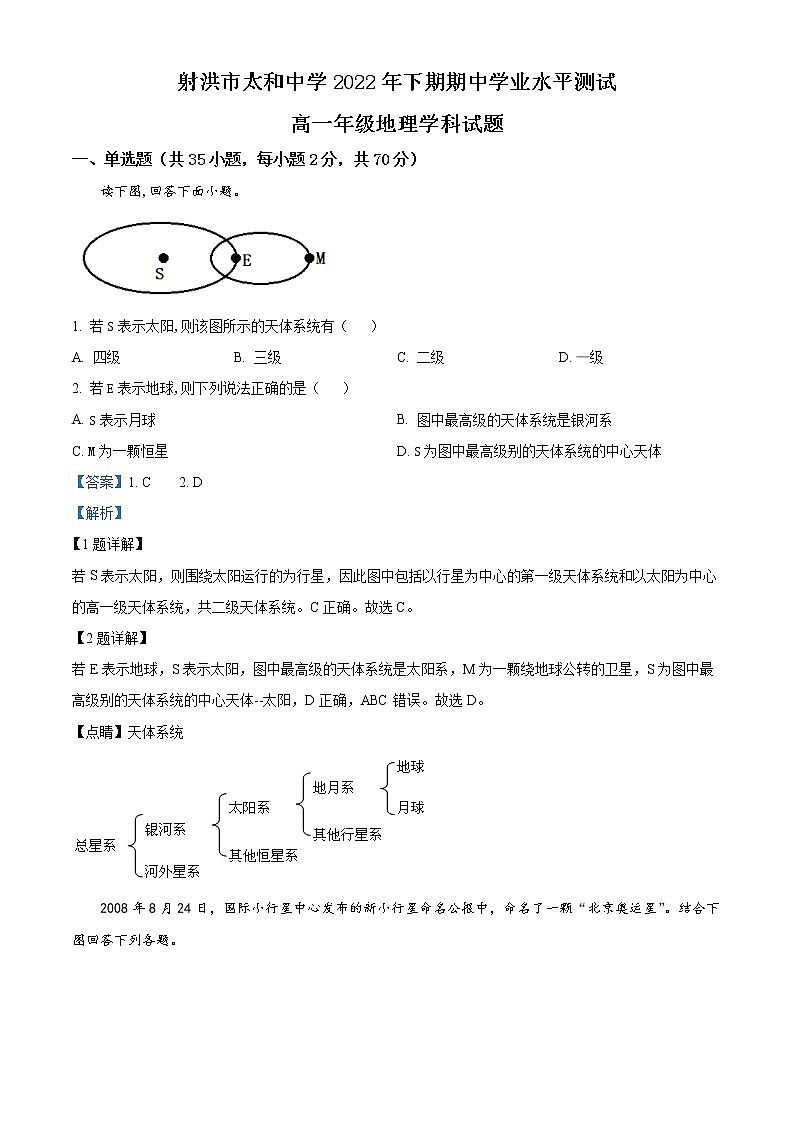 2023遂宁射洪太和中学高一上学期期中地理试题含解析01