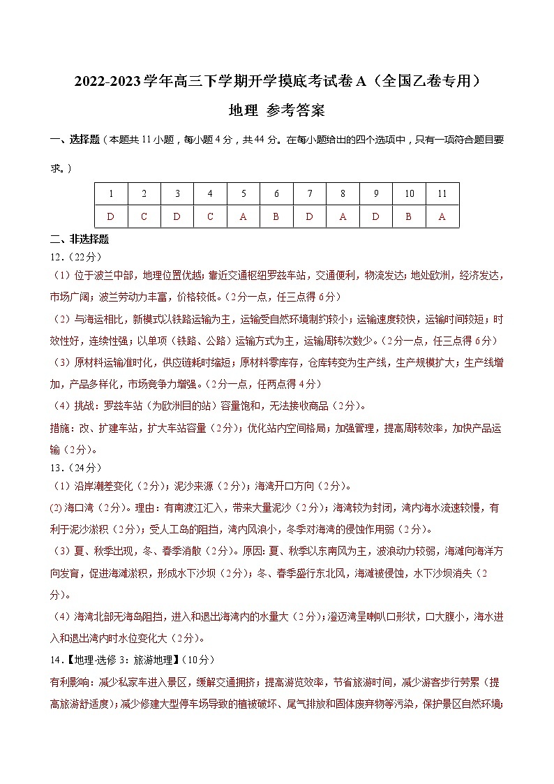 地理-2022-2023学年高三下学期开学摸底考试卷A（全国乙卷专用）（参考答案）第1页
