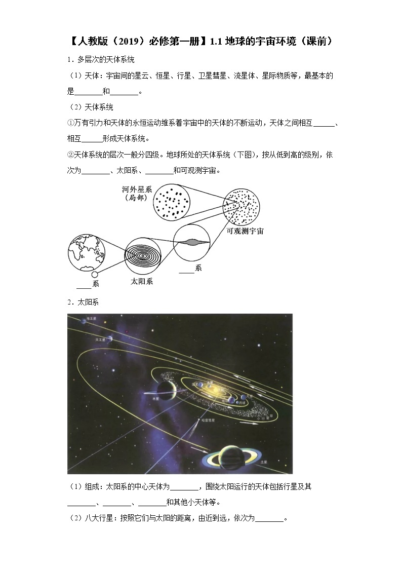 1.1 地球的宇宙环境（课前）-高中地理人教版（2019）必修第一册课前课中课后同步试题精编01