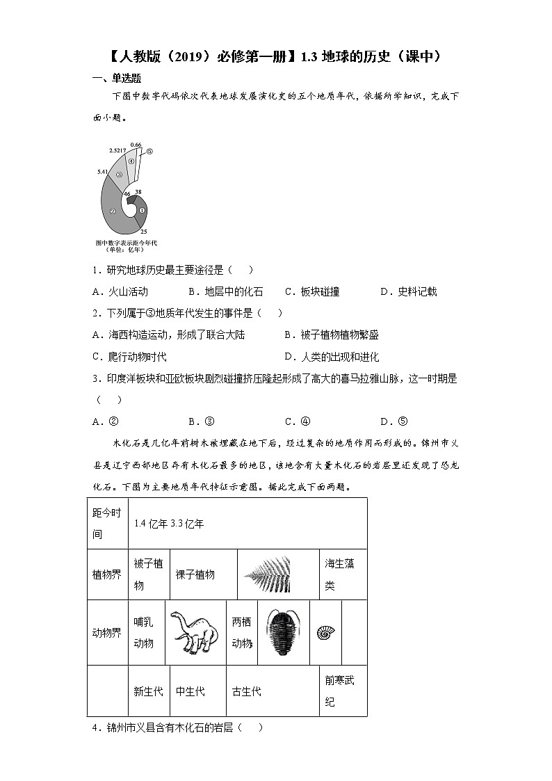 1.3 地球的历史（课中）-高中地理人教版（2019）必修第一册课前课中课后同步试题精编01