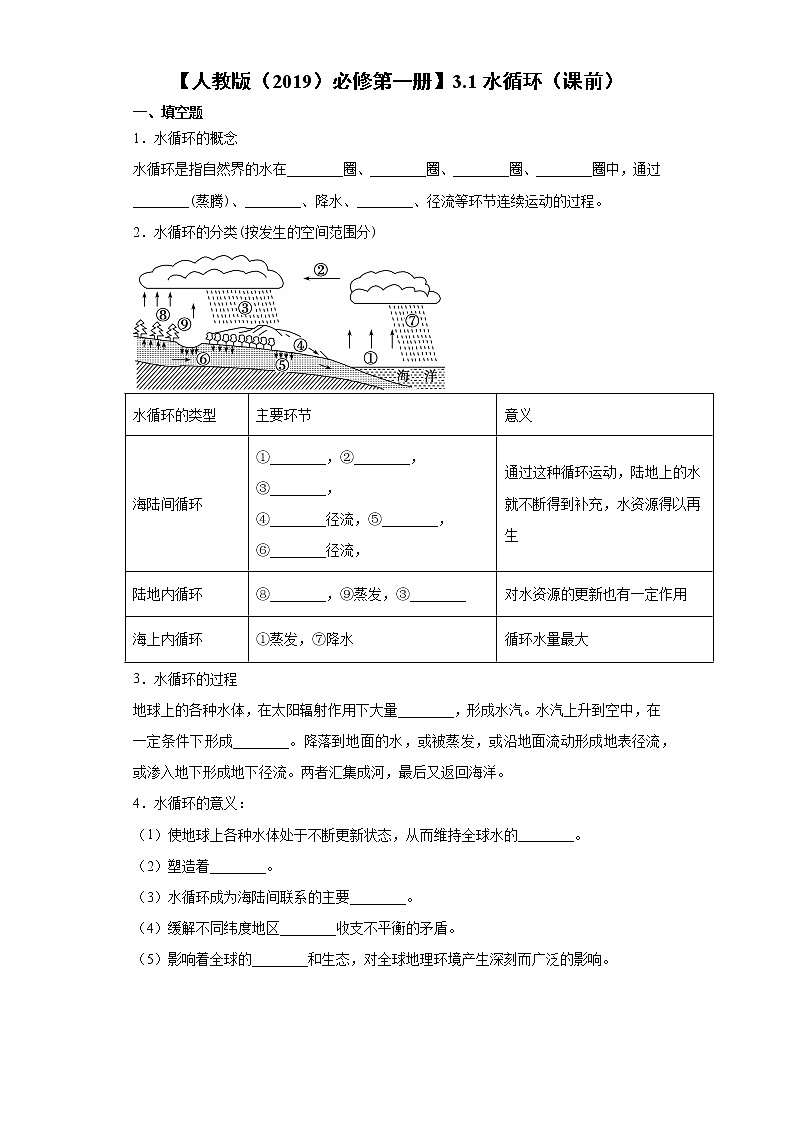 3.1 水循环（课前）-高中地理人教版（2019）必修第一册课前课中课后同步试题精编01