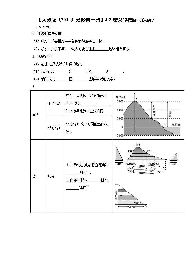 4.2 地貌的观察（课前）-高中地理人教版（2019）必修第一册课前课中课后同步试题精编01