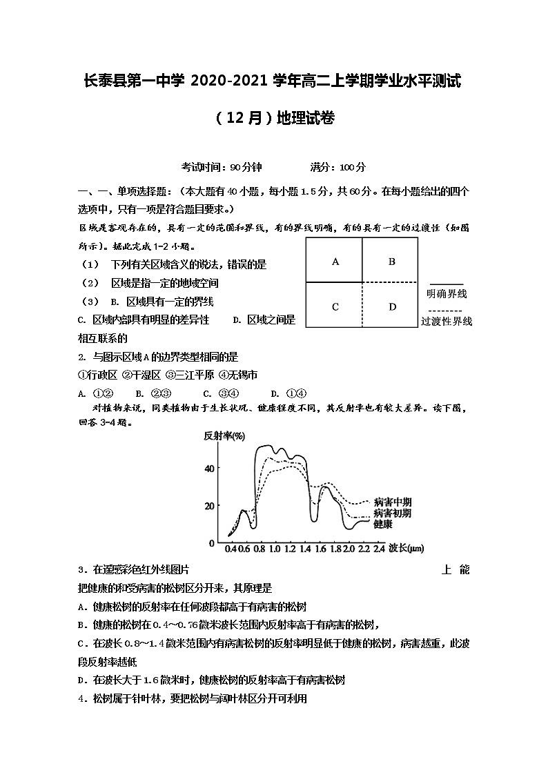 2020-2021学年福建省长泰县第一中学高二上学期学业水平测试（12月） 地理 Word版01