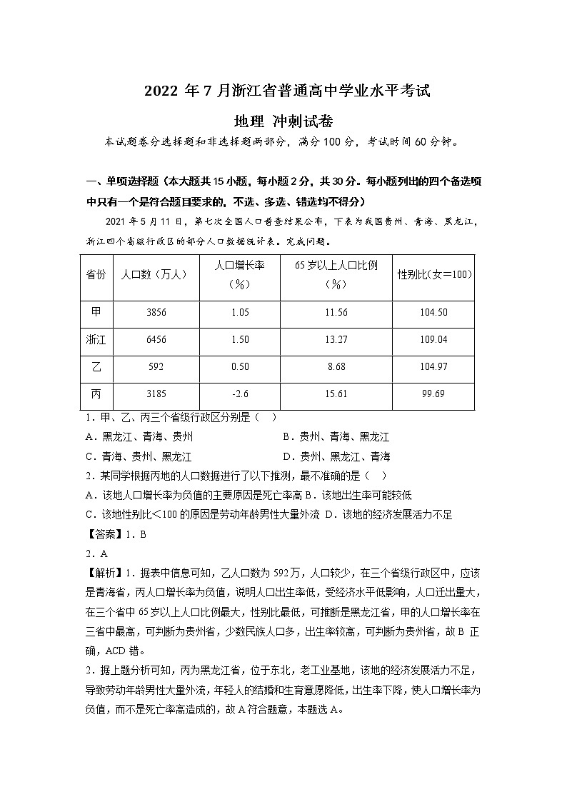 2021-2022学年浙江省普通高中7月学业水平考试地理冲刺卷（解析版）01