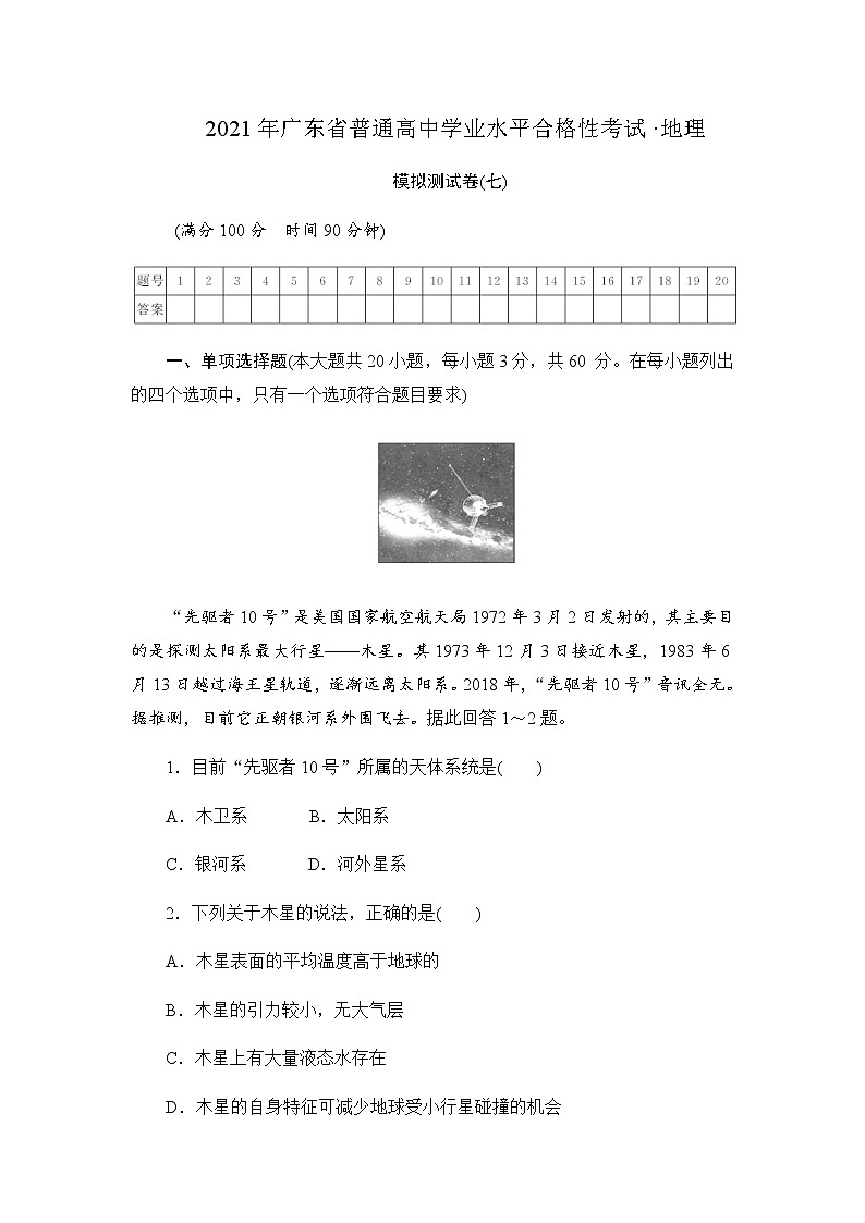 2021年广东省普通高中学业水平合格性考试·地理模拟测试题（七） 解析版01