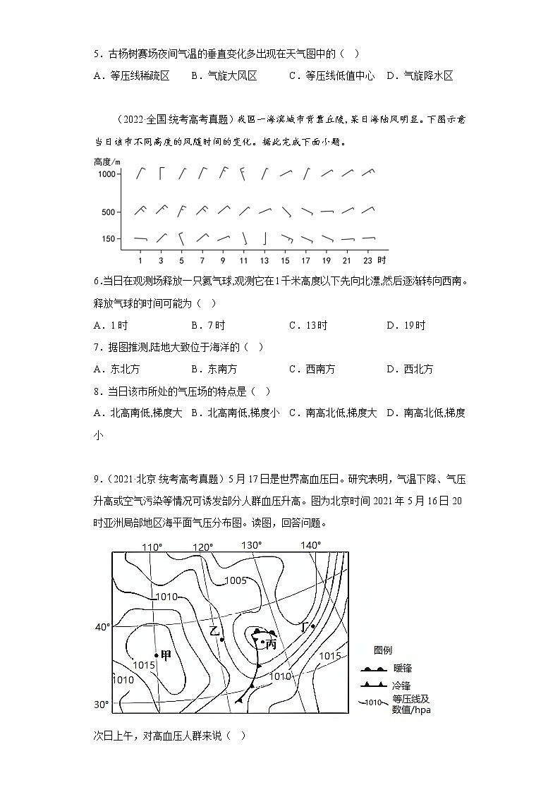 2020-2022三年高考地理真题知识点分类汇编4（自然地理）-热力环流（含解析）02