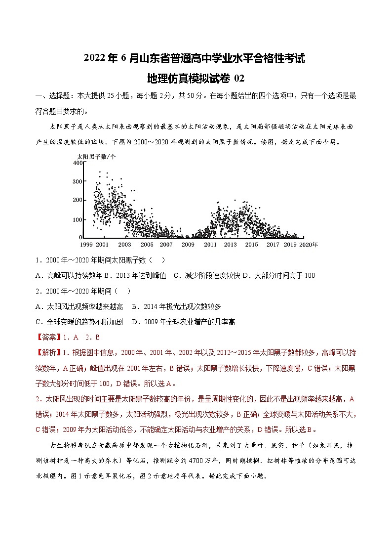 2022年6月山东省普通高中学业水平合格性考试地理仿真模拟试卷02（解析版）01