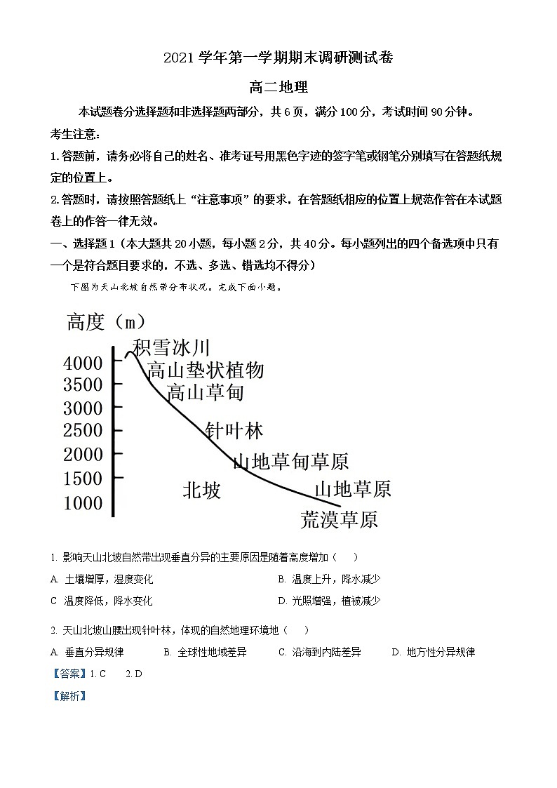 2021-2022学年浙江省湖州市高二上学期期末调研测试地理试题  Word版含解析01