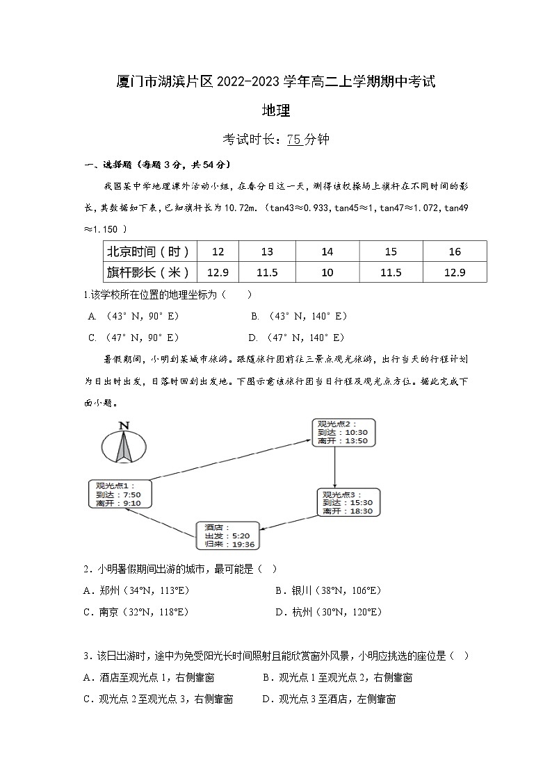 2022-2023学年福建省厦门市湖滨片区高二上学期期中考试地理试题（word版）01
