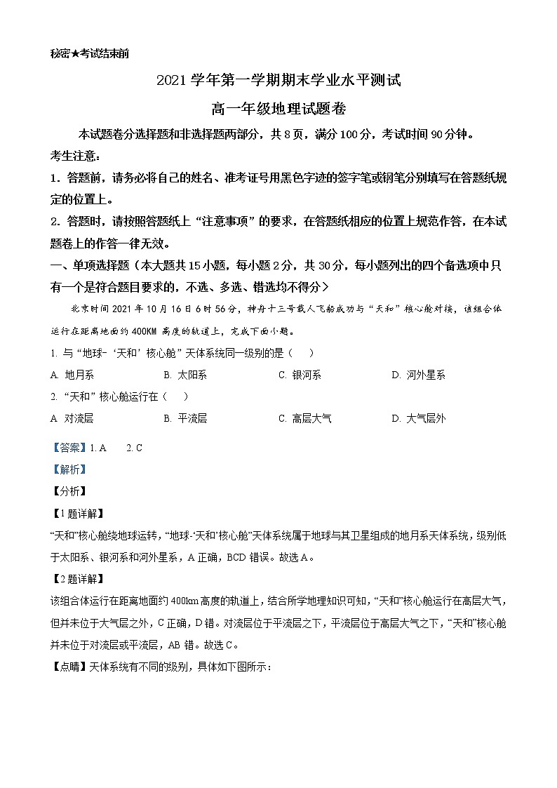 2021-2022学年浙江省杭州市七县市高一上学期期末地理试题  Word版含解析01