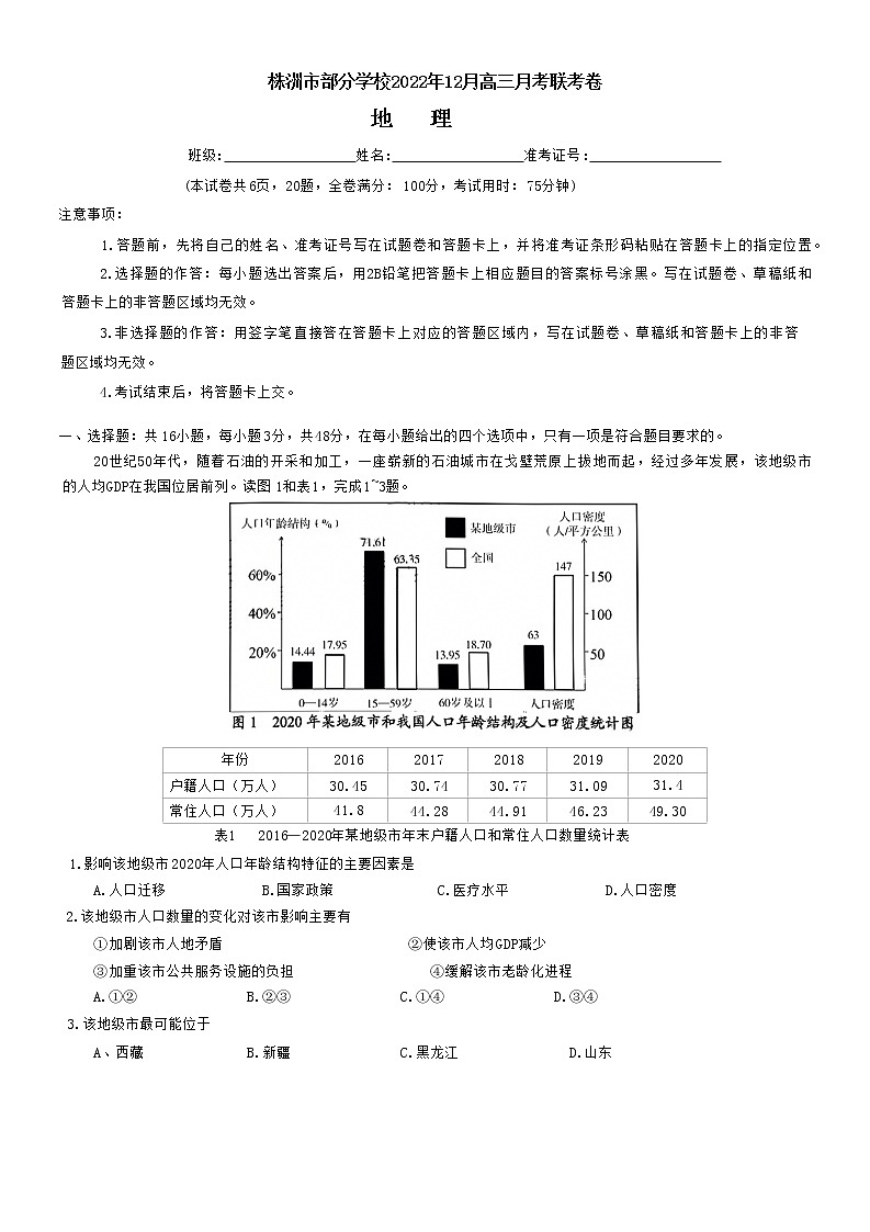 湖南省株洲市部分学校2023届高三地理上学期12月联考试卷（Word版附解析）01