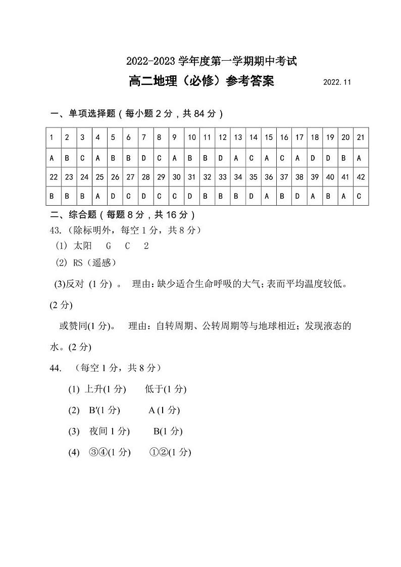 高二地理（必修）参考答案第1页